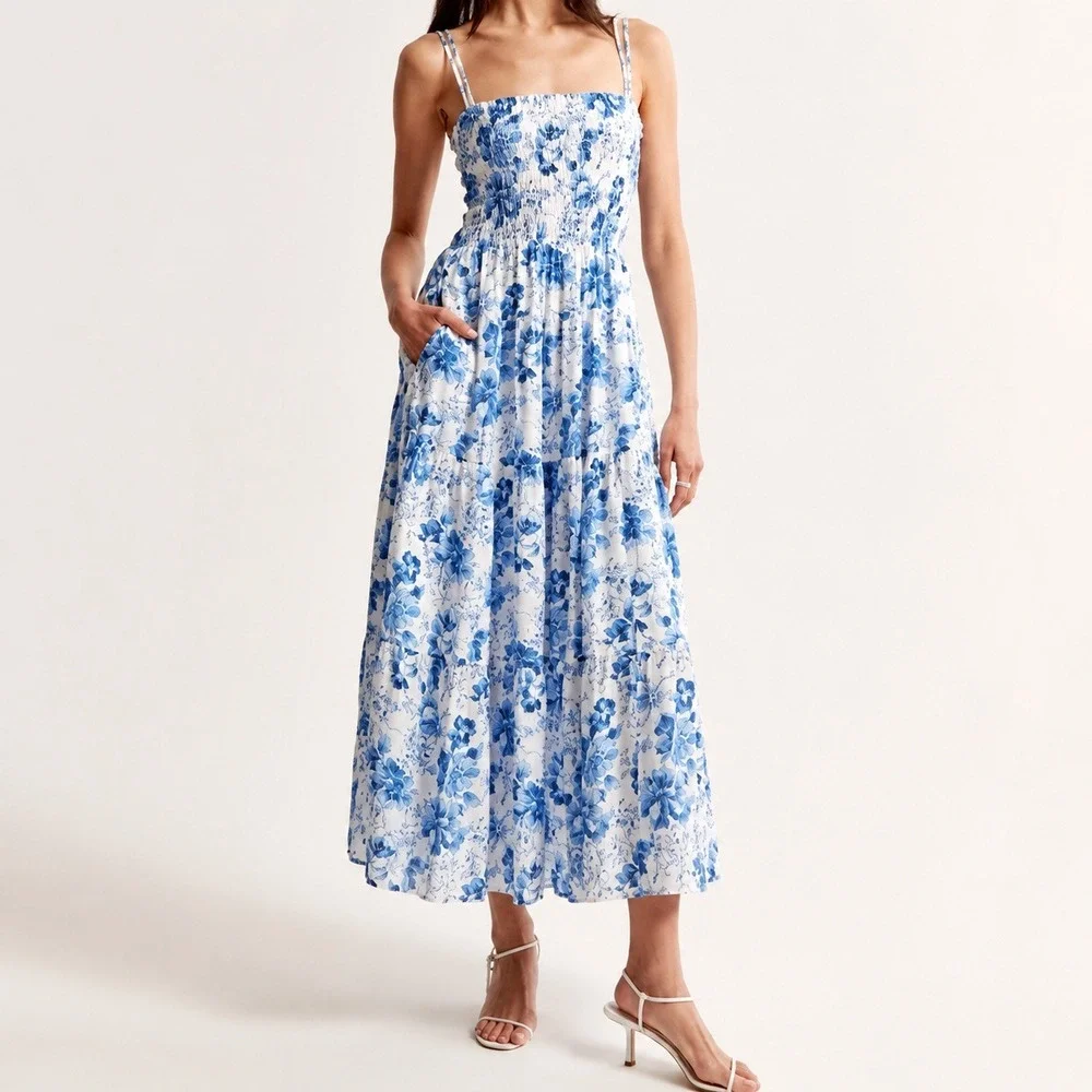 NEW Abercrombie & Fitch Blue White Floral Smocked Maxi Dress Tiered Small Petite